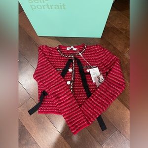 BNWT Auth self portrait red melange cropped cardigan with ribbon